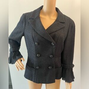 Chanel New CC Camellia Buttons Black Tweed Double Breasted Jacket size 44